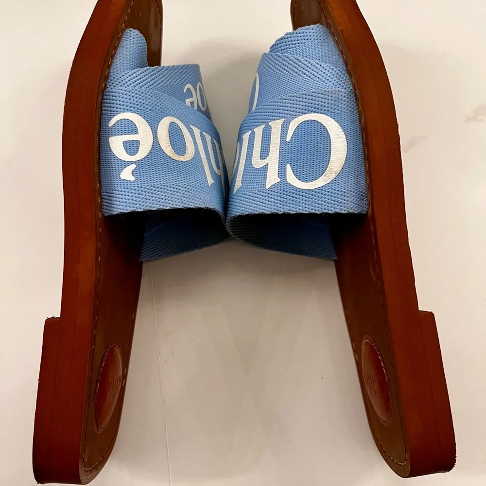 Chloe Light Blue Canvas/Brown Leather Woody Slide Sandals - Picture 8 of 8